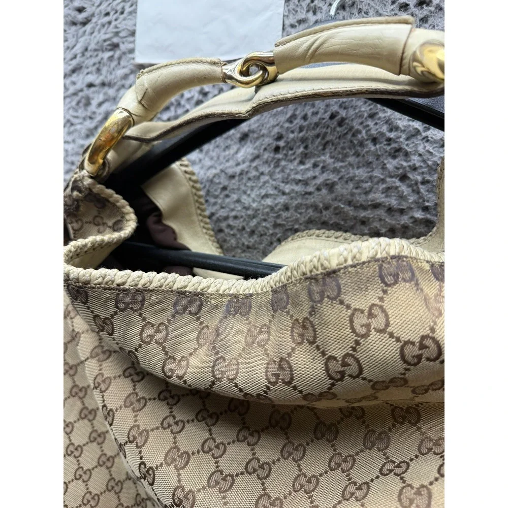 Gucci GG Women's Monogram Canvas Large Horsebit Hobo Shoulder Bag Beige
